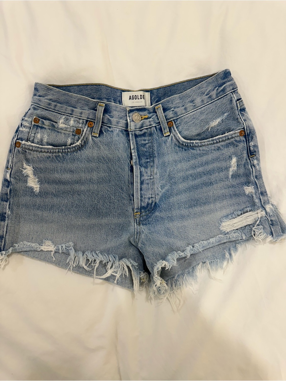 AGOLDE Light Blue Frayed High-Rise Denim Shorts